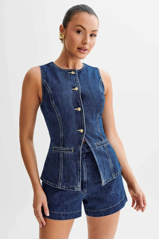 Lia Denim Two Piece Top & Shorts Set