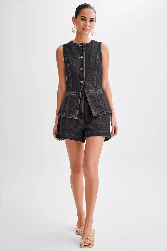 Mila Denim Two Piece Top & Shorts Set - HOUSE OF SHE