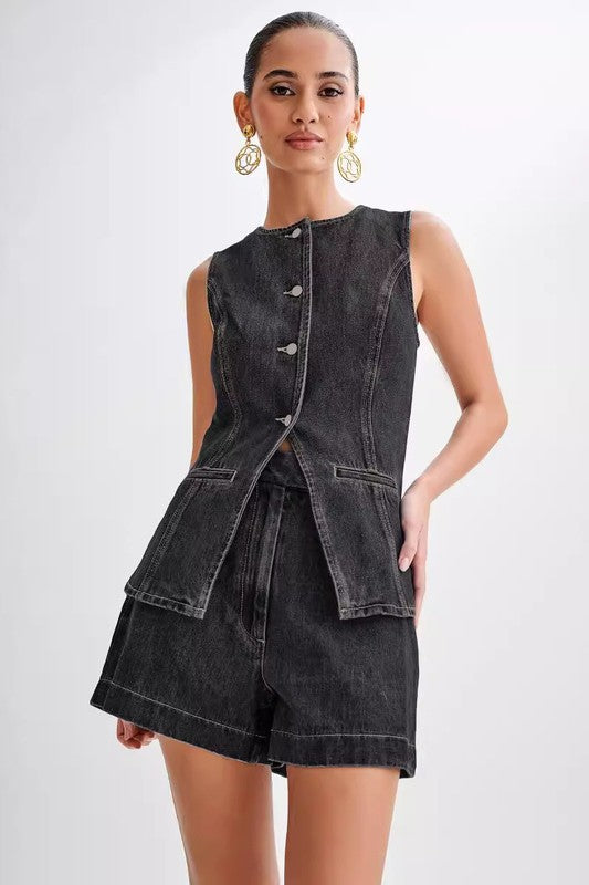 Mila Denim Two Piece Top & Shorts Set - HOUSE OF SHE