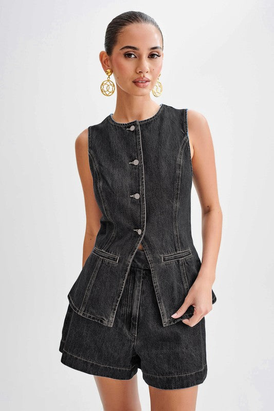 Mila Denim Two Piece Top & Shorts Set - HOUSE OF SHE