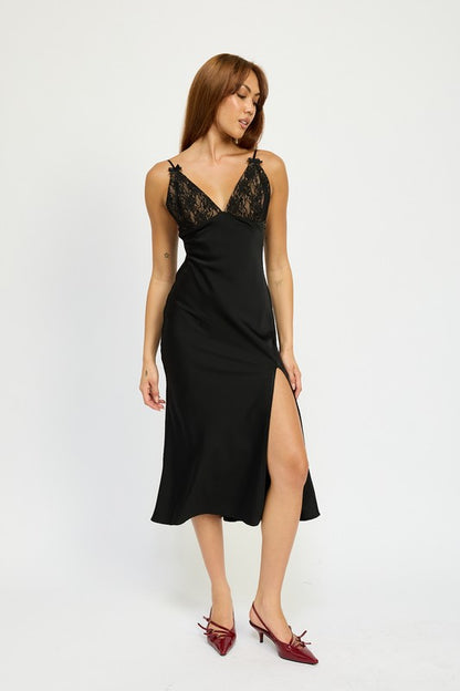 SATIN LACE CAMI MIDI DRESS WITH SLIT