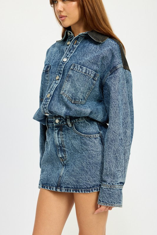 Button Up Denim Mini Dress - HOUSE OF SHE