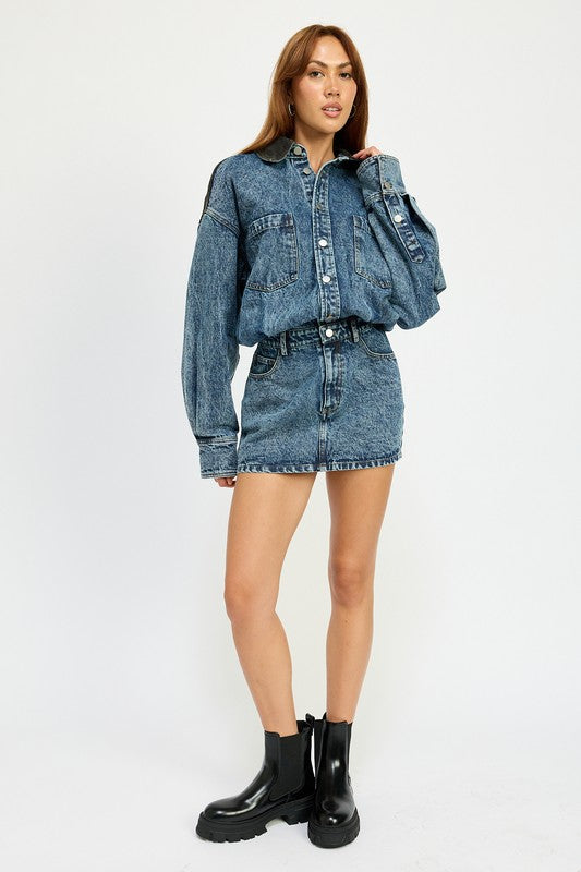 Button Up Denim Mini Dress - HOUSE OF SHE