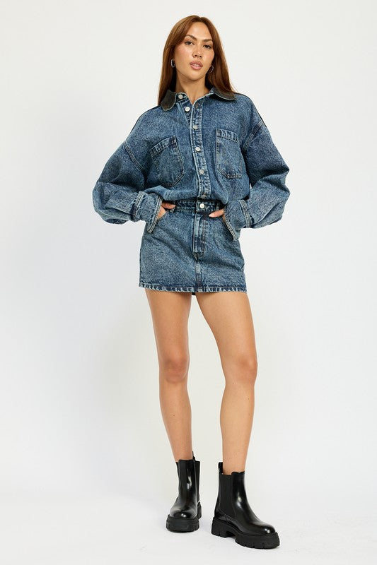 Button Up Denim Mini Dress - HOUSE OF SHE