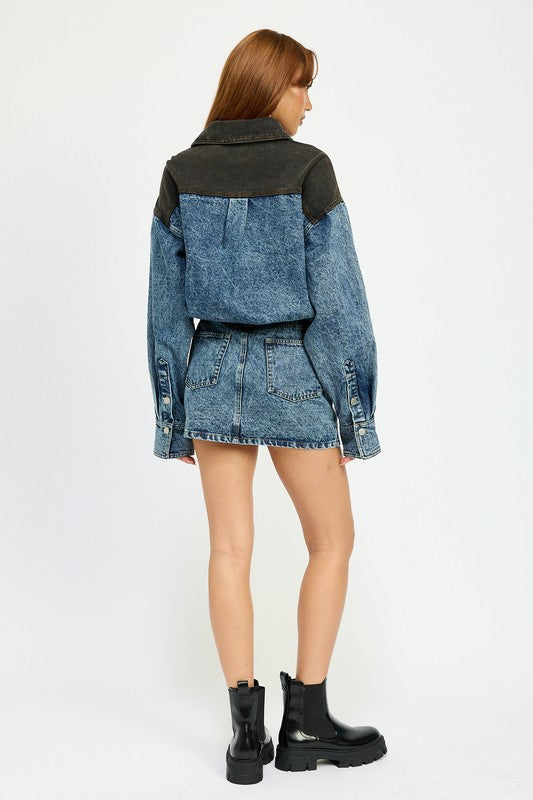 Button Up Denim Mini Dress - HOUSE OF SHE