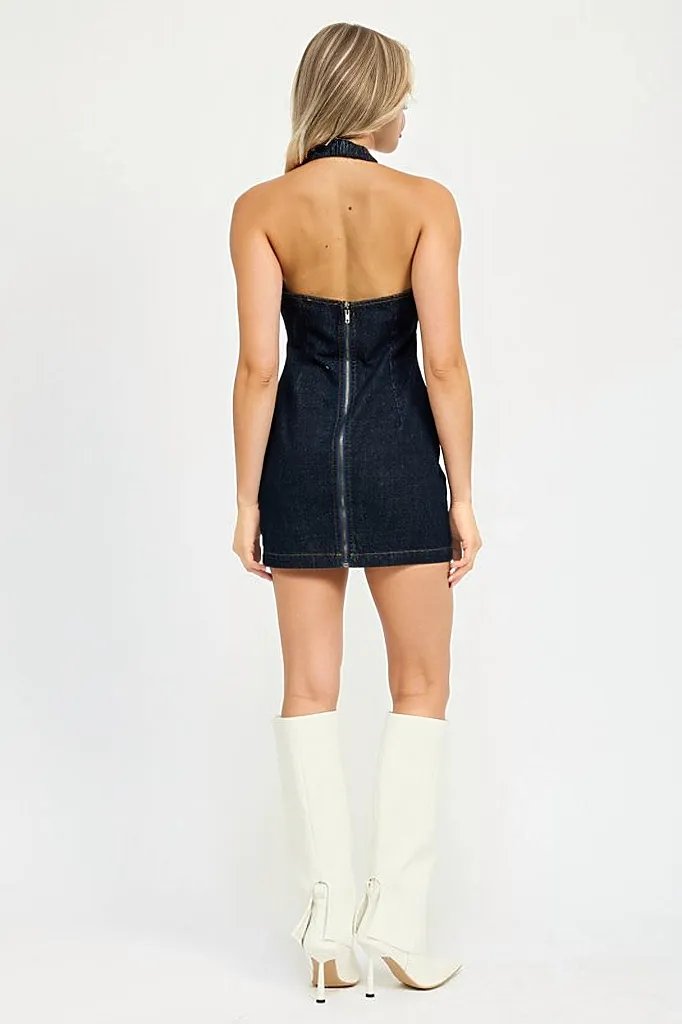 Riha Halter Neck Mini Denim Dress