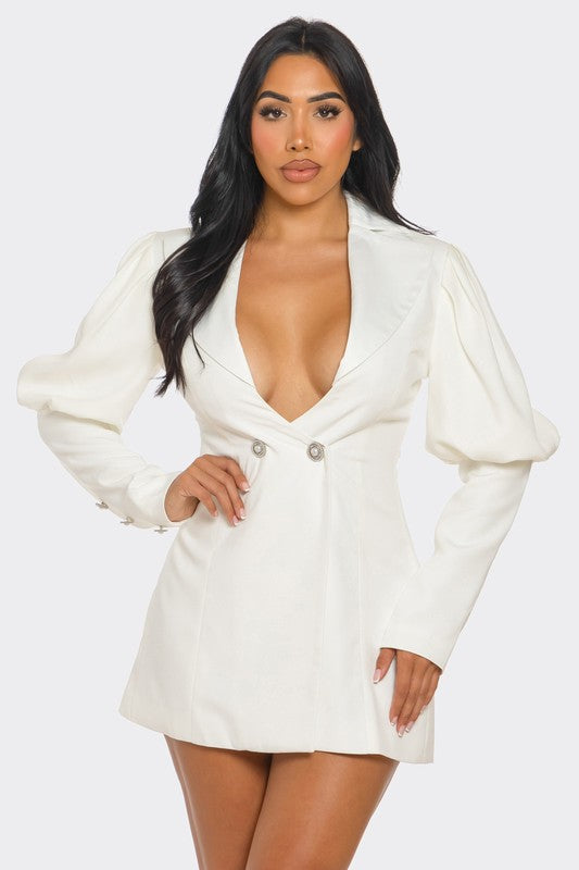 Ivory Puff Sleeve Blazer Dress - HOUSE OF SHE