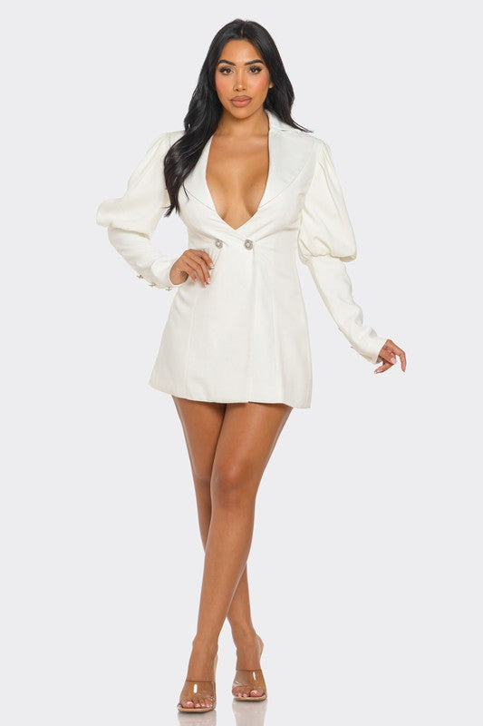Ivory Puff Sleeve Blazer Dress - HOUSE OF SHE