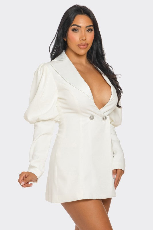 Ivory Puff Sleeve Blazer Dress - HOUSE OF SHE