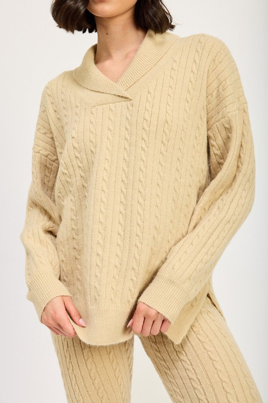 Cable Knit Collared Sweater Top - HOUSE OF SHE
