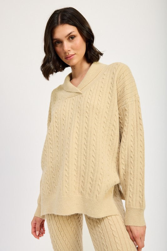 Cable Knit Collared Sweater Top - HOUSE OF SHE