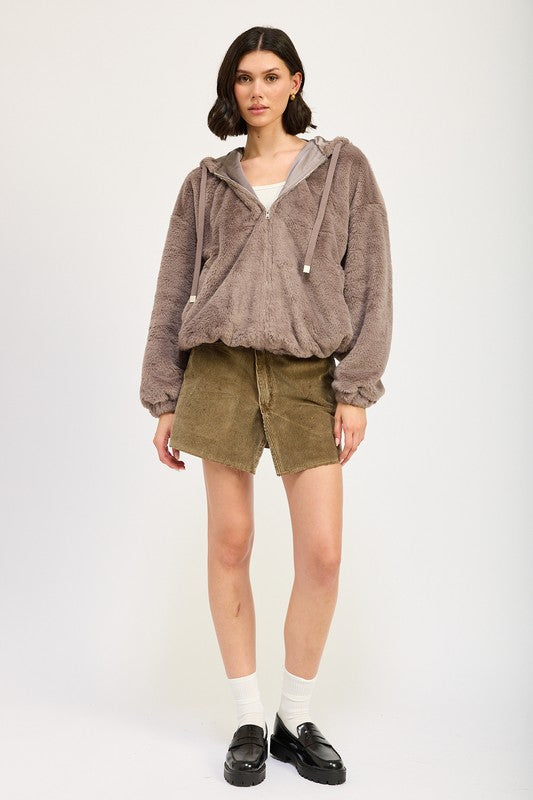 Fuzzy Hooded Jacket - HOUSE OF SHE