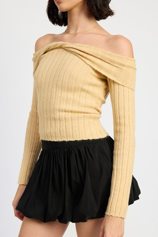 Lucy Off The Shoulder Beige Knit Top - HOUSE OF SHE