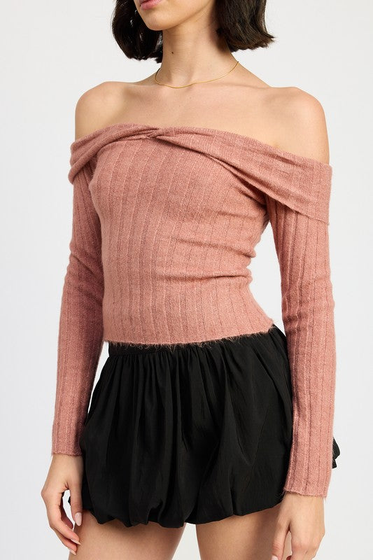 Lucy Off The Shoulder Beige Knit Top - HOUSE OF SHE