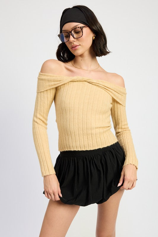 Lucy Off The Shoulder Beige Knit Top - HOUSE OF SHE
