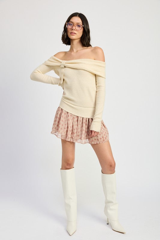 Mixed Media Off Shoulder Mini Dress - HOUSE OF SHE