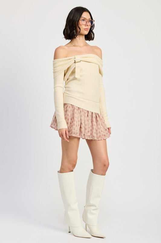 Mixed Media Off Shoulder Mini Dress - HOUSE OF SHE