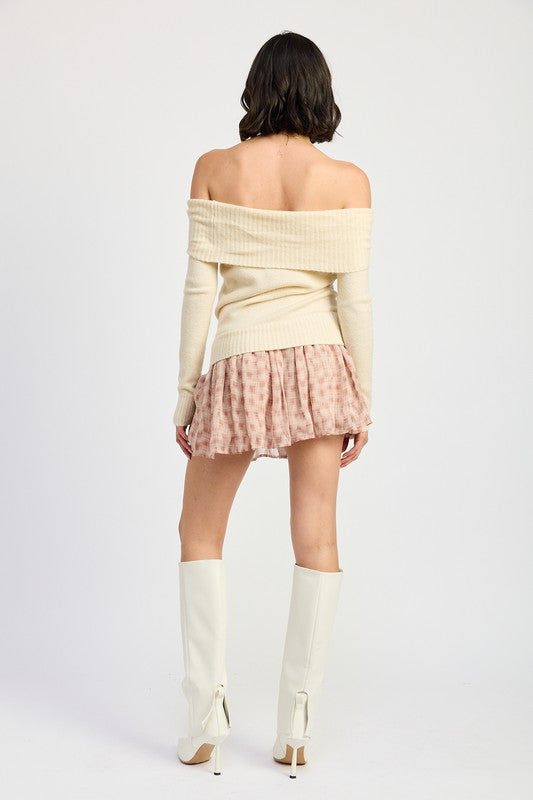 Mixed Media Off Shoulder Mini Dress - HOUSE OF SHE