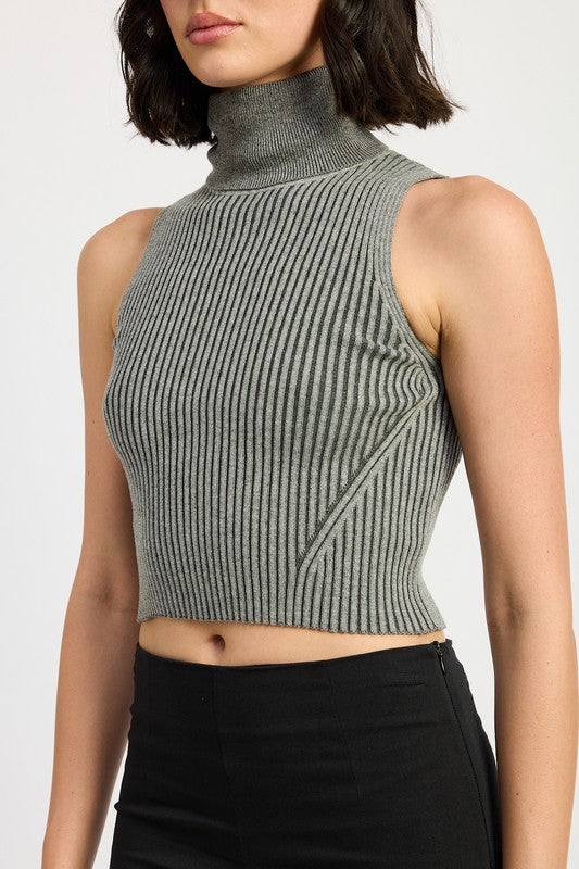 Turtle Neck Ribbed Sleeveless Top - HOUSE OF SHE