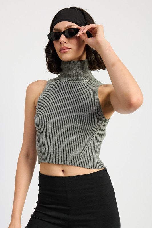Turtle Neck Ribbed Sleeveless Top - HOUSE OF SHE