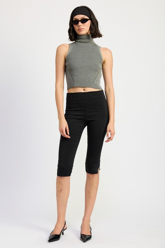 Turtle Neck Ribbed Sleeveless Top - HOUSE OF SHE