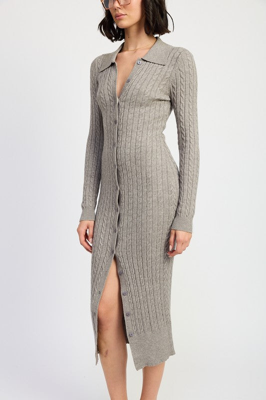 Shanie Buttoned Long Sleeve Cable Knit Dress - HOUSE OF SHE
