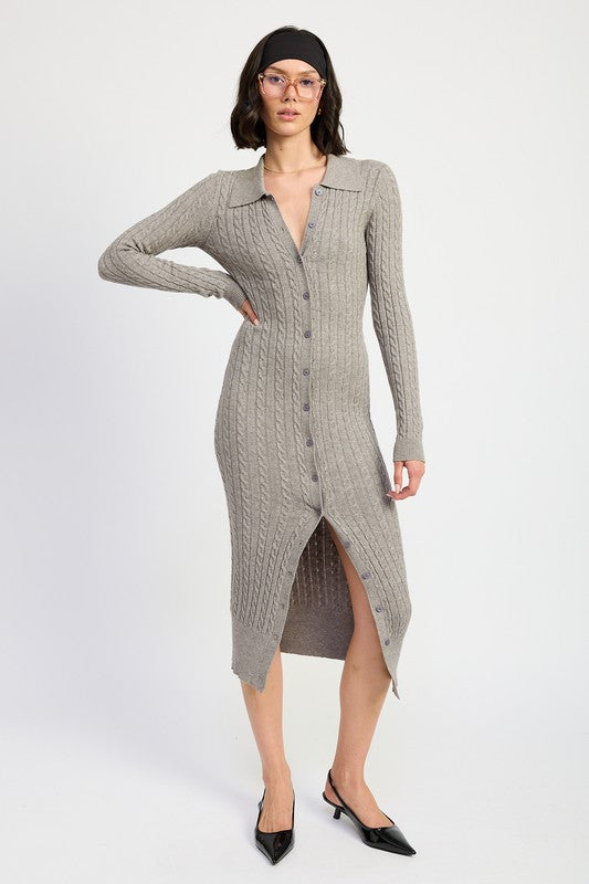 Shanie Buttoned Long Sleeve Cable Knit Dress - HOUSE OF SHE