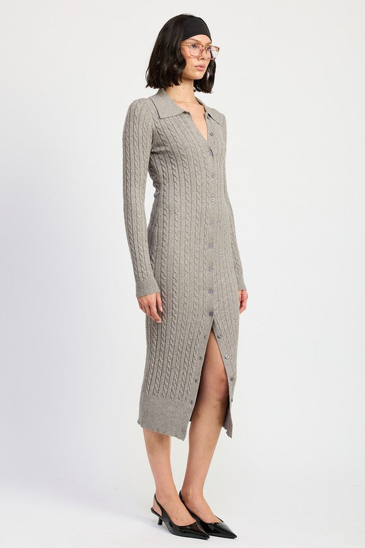Shanie Buttoned Long Sleeve Cable Knit Dress - HOUSE OF SHE