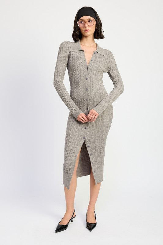 Shanie Buttoned Long Sleeve Cable Knit Dress - HOUSE OF SHE