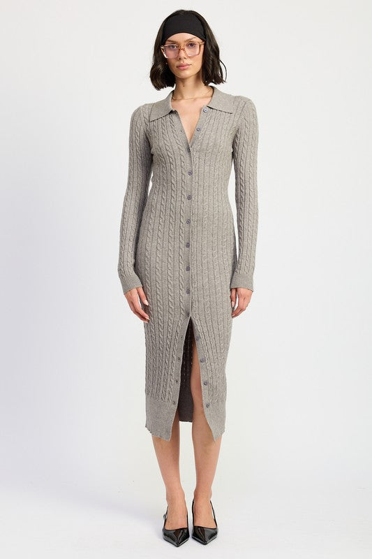 Shanie Buttoned Long Sleeve Cable Knit Dress - HOUSE OF SHE