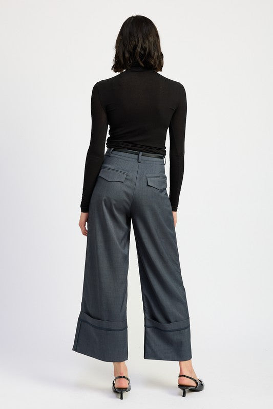 Fold Over Pleated Pants - HOUSE OF SHE