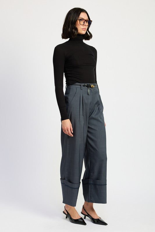 Fold Over Pleated Pants - HOUSE OF SHE