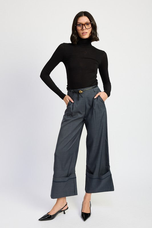 Fold Over Pleated Pants - HOUSE OF SHE