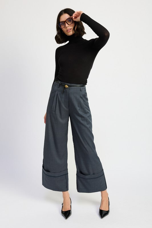 Fold Over Pleated Pants - HOUSE OF SHE