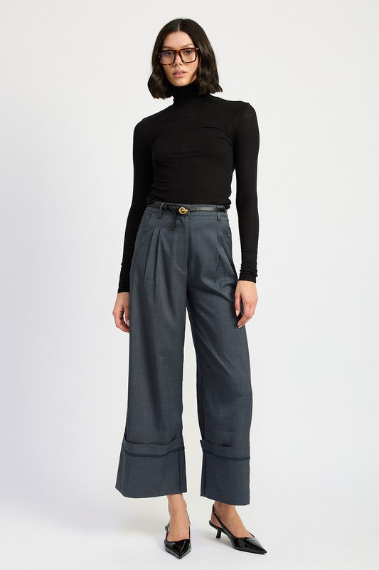 Fold Over Pleated Pants - HOUSE OF SHE