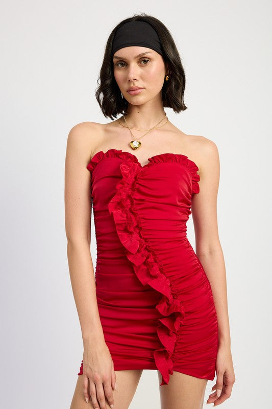 Ruched Ruffle Mini Dress - HOUSE OF SHE