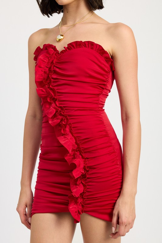 Ruched Ruffle Mini Dress - HOUSE OF SHE