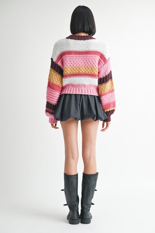 Mock Neck Striped Sweater - HOUSE OF SHE