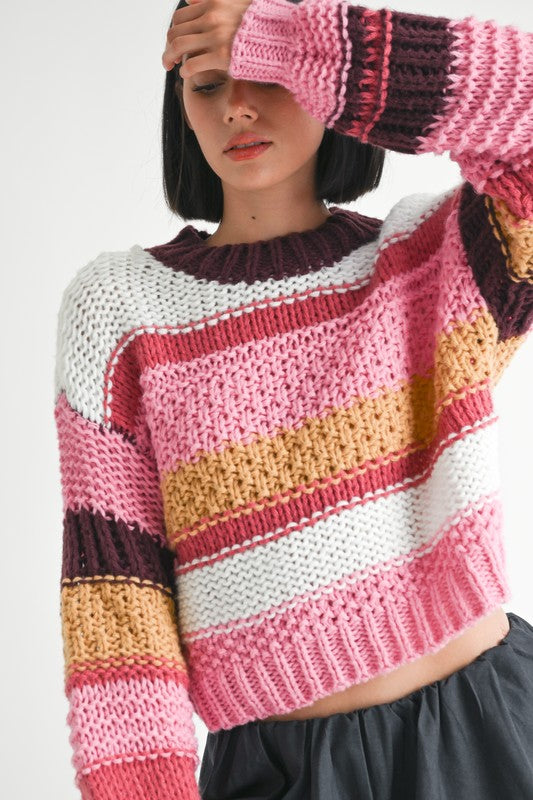 Mock Neck Striped Sweater - HOUSE OF SHE