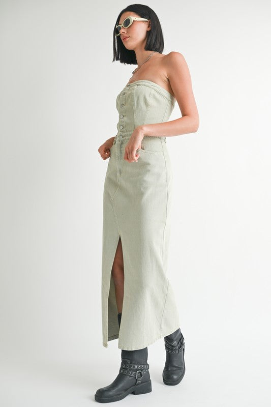 Button Up Tube Denim Dress With Slit - HOUSE OF SHE