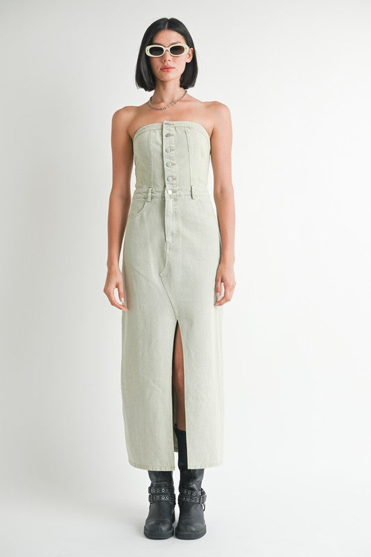 Button Up Tube Denim Dress With Slit - HOUSE OF SHE