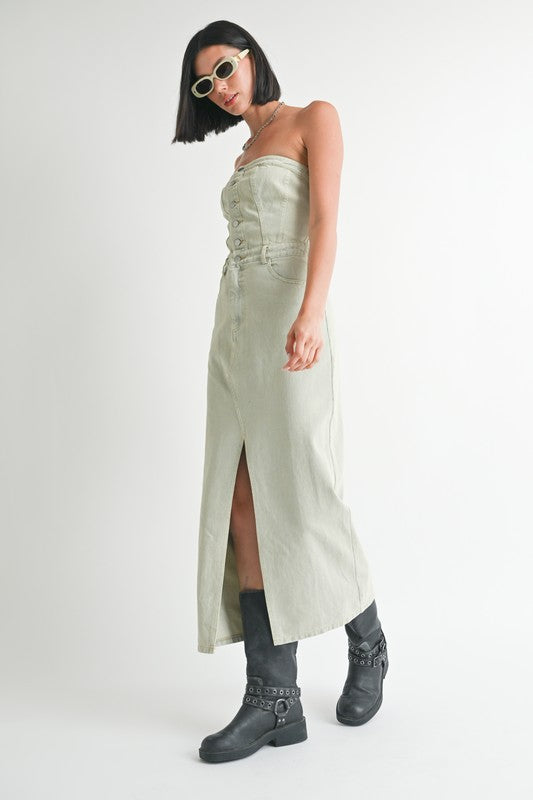 Button Up Tube Denim Dress With Slit - HOUSE OF SHE