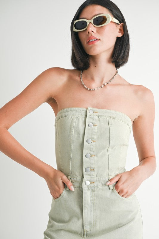 Button Up Tube Denim Dress With Slit - HOUSE OF SHE