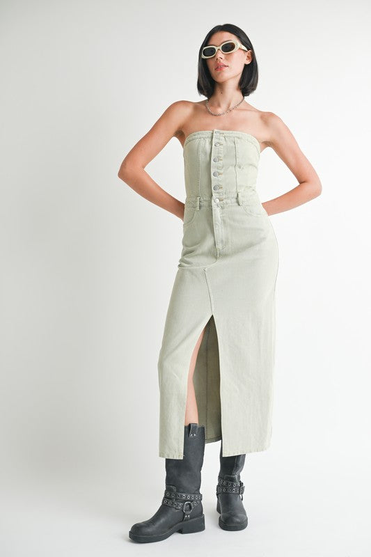 Button Up Tube Denim Dress With Slit - HOUSE OF SHE