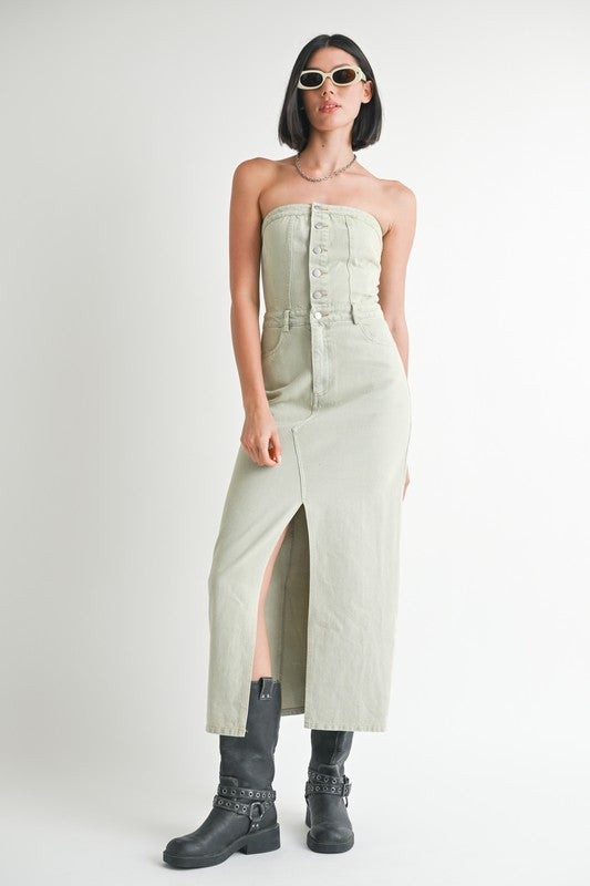 Button Up Tube Denim Dress With Slit - HOUSE OF SHE