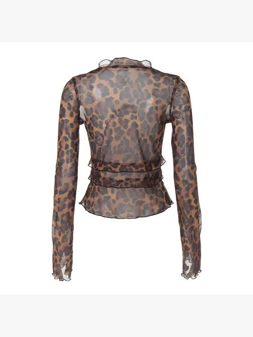 Leopard Print Mesh ruffled top   HOUSE OF SHE