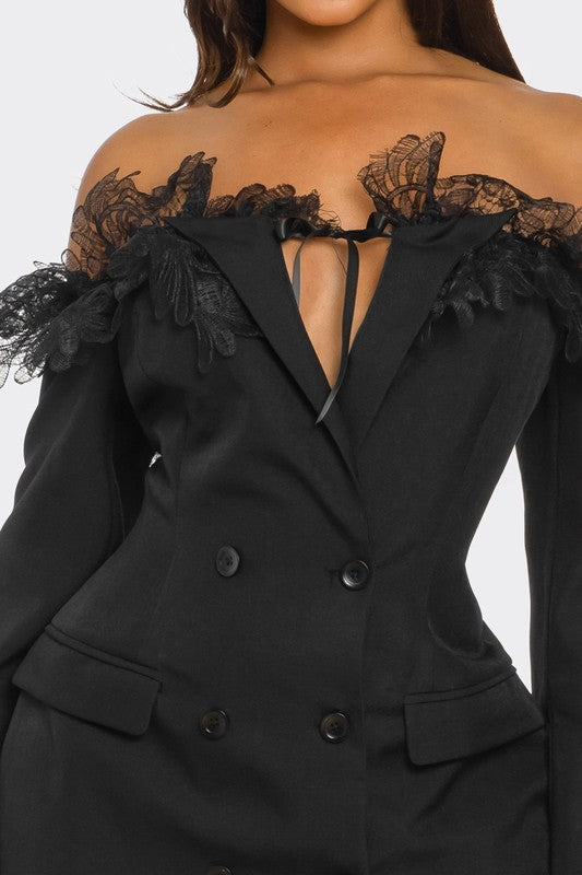 Off-Shoulder Lace Blazer Dress - HOUSE OF SHE