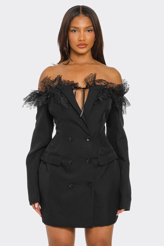 Off-Shoulder Lace Blazer Dress - HOUSE OF SHE