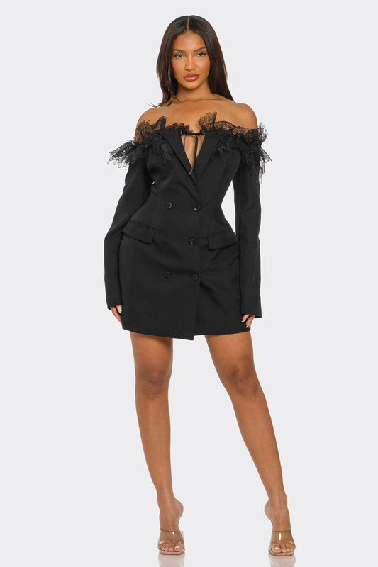 Off-Shoulder Lace Blazer Dress - HOUSE OF SHE