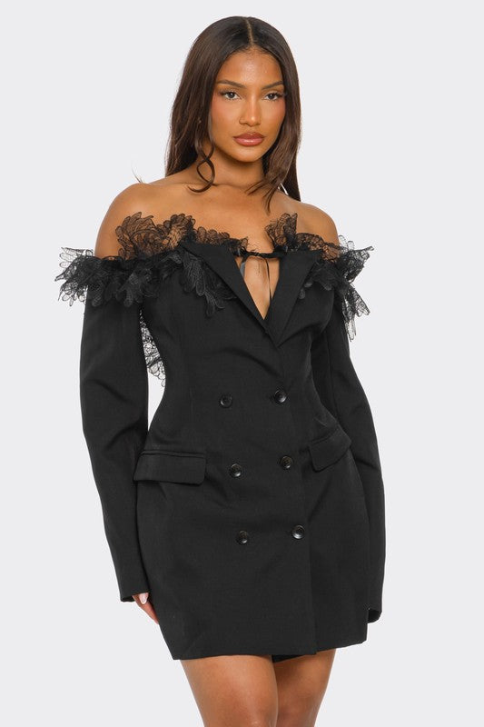 Off-Shoulder Lace Blazer Dress - HOUSE OF SHE